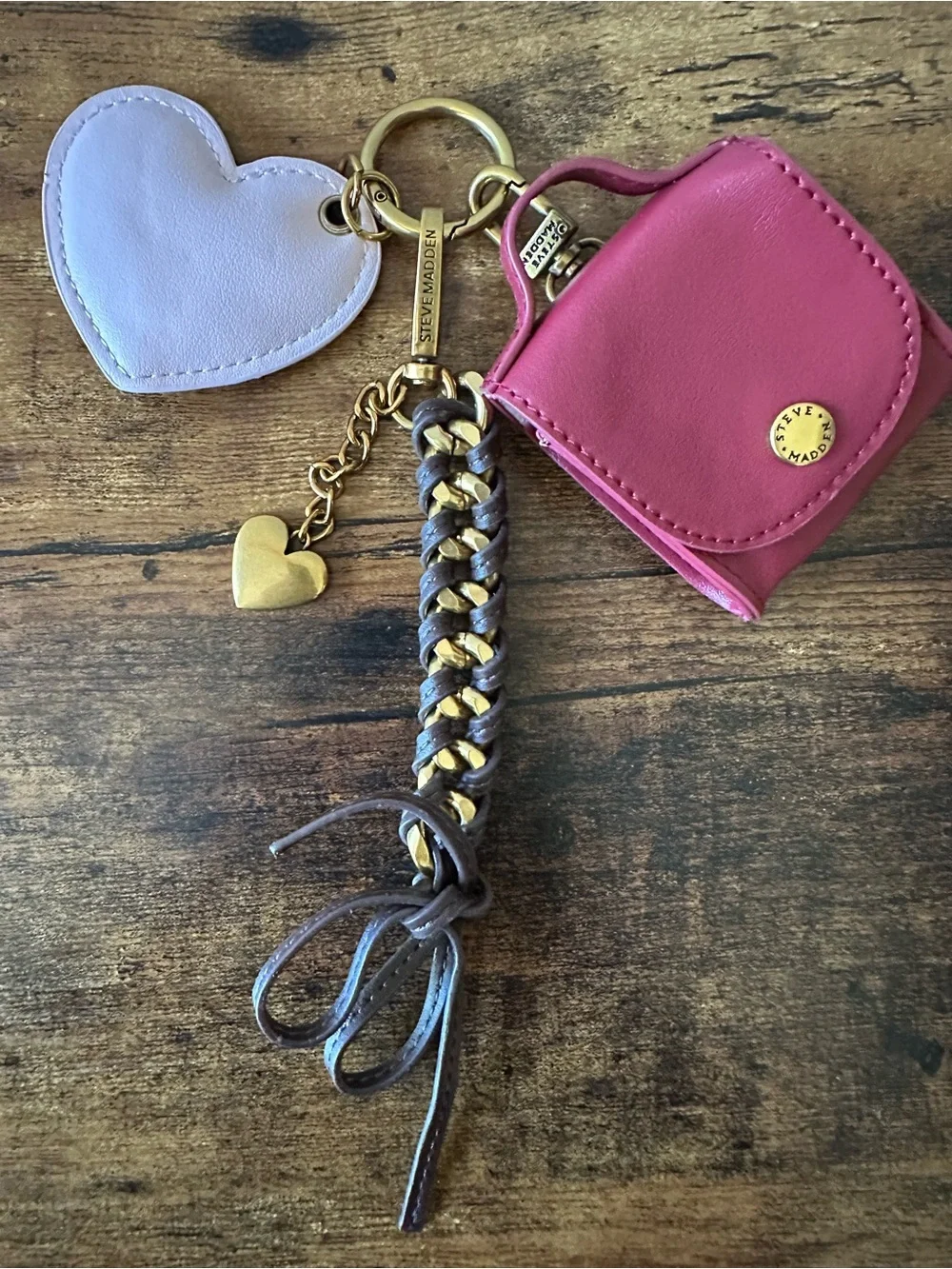 Steve Madden 3 Piece Bag Charm Keychain Snap Pouch Keychain Braided Chain NWOT